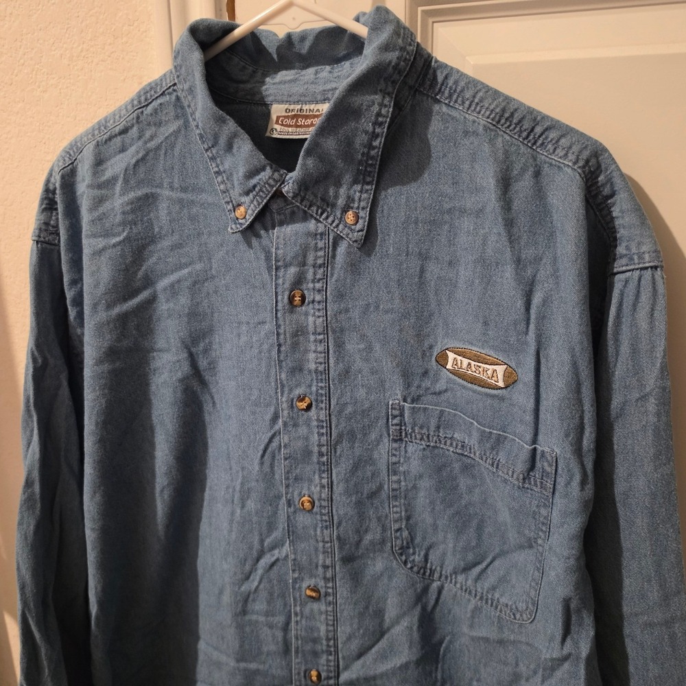 Original Cold Storage Mens XL Blue Denim Alaska Patch Button Down Shirt Cotton